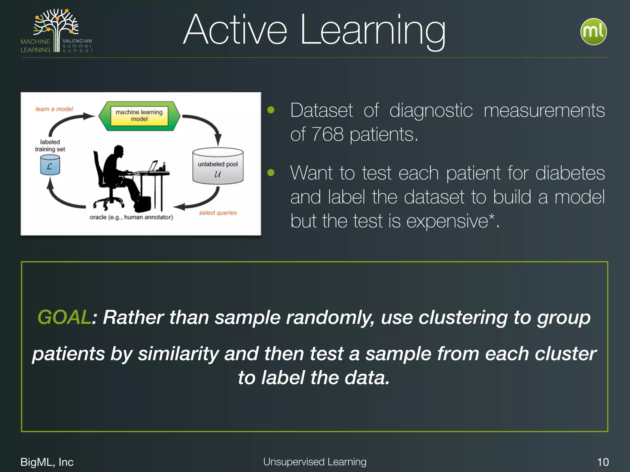 BigML, Inc 10Unsupervised Learning
Active Learning
GOAL: Rather than sample randomly, use clustering to group
patients by similarity and then test a sample from each cluster
to label the data.
• Dataset of diagnostic measurements
of 768 patients.
• Want to test each patient for diabetes
and label the dataset to build a model
but the test is expensive*.
 