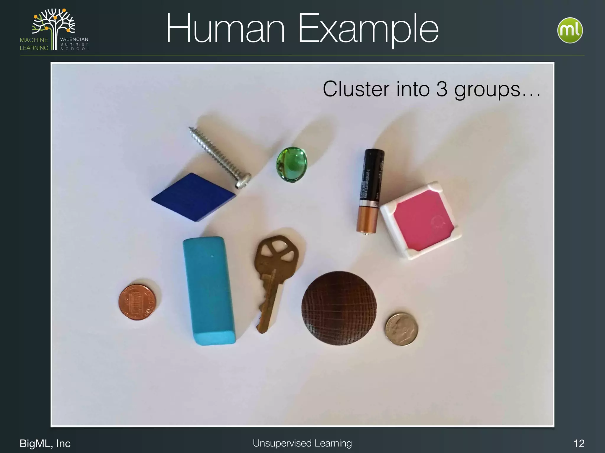 BigML, Inc 12Unsupervised Learning
Human Example
Cluster into 3 groups…
 