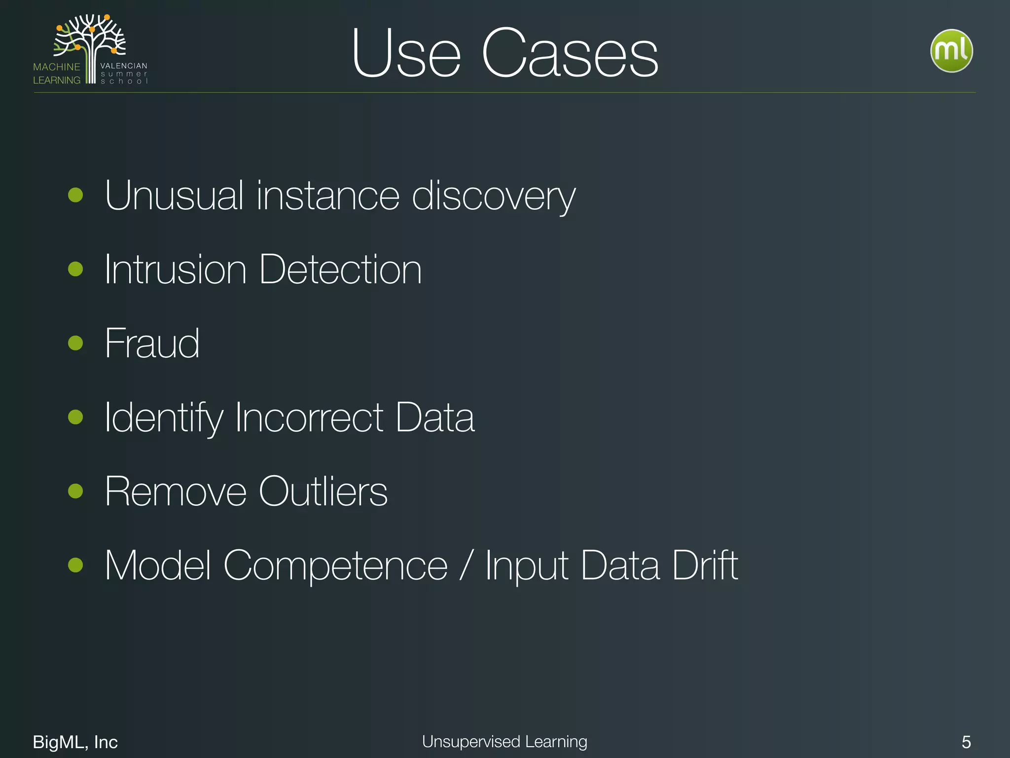 BigML, Inc 5Unsupervised Learning
• Unusual instance discovery
• Intrusion Detection
• Fraud
• Identify Incorrect Data
• Remove Outliers
• Model Competence / Input Data Drift
Use Cases
 