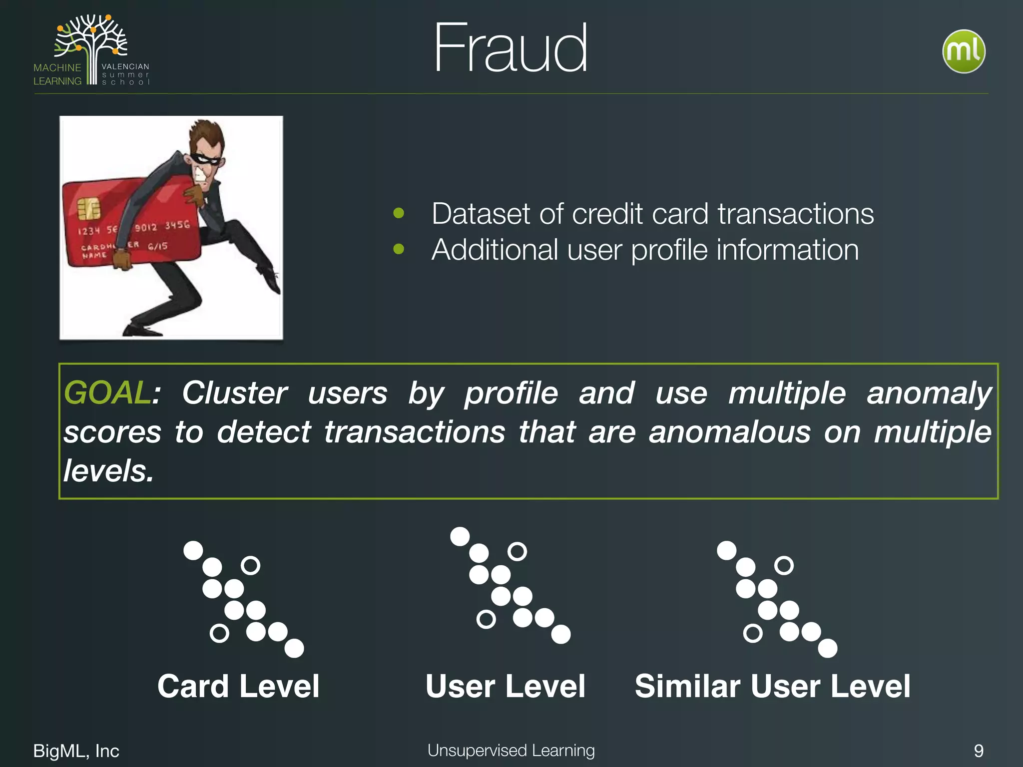 BigML, Inc 9Unsupervised Learning
Fraud
• Dataset of credit card transactions
• Additional user proﬁle information
GOAL: Cluster users by profile and use multiple anomaly
scores to detect transactions that are anomalous on multiple
levels.
Card Level User Level Similar User Level
 