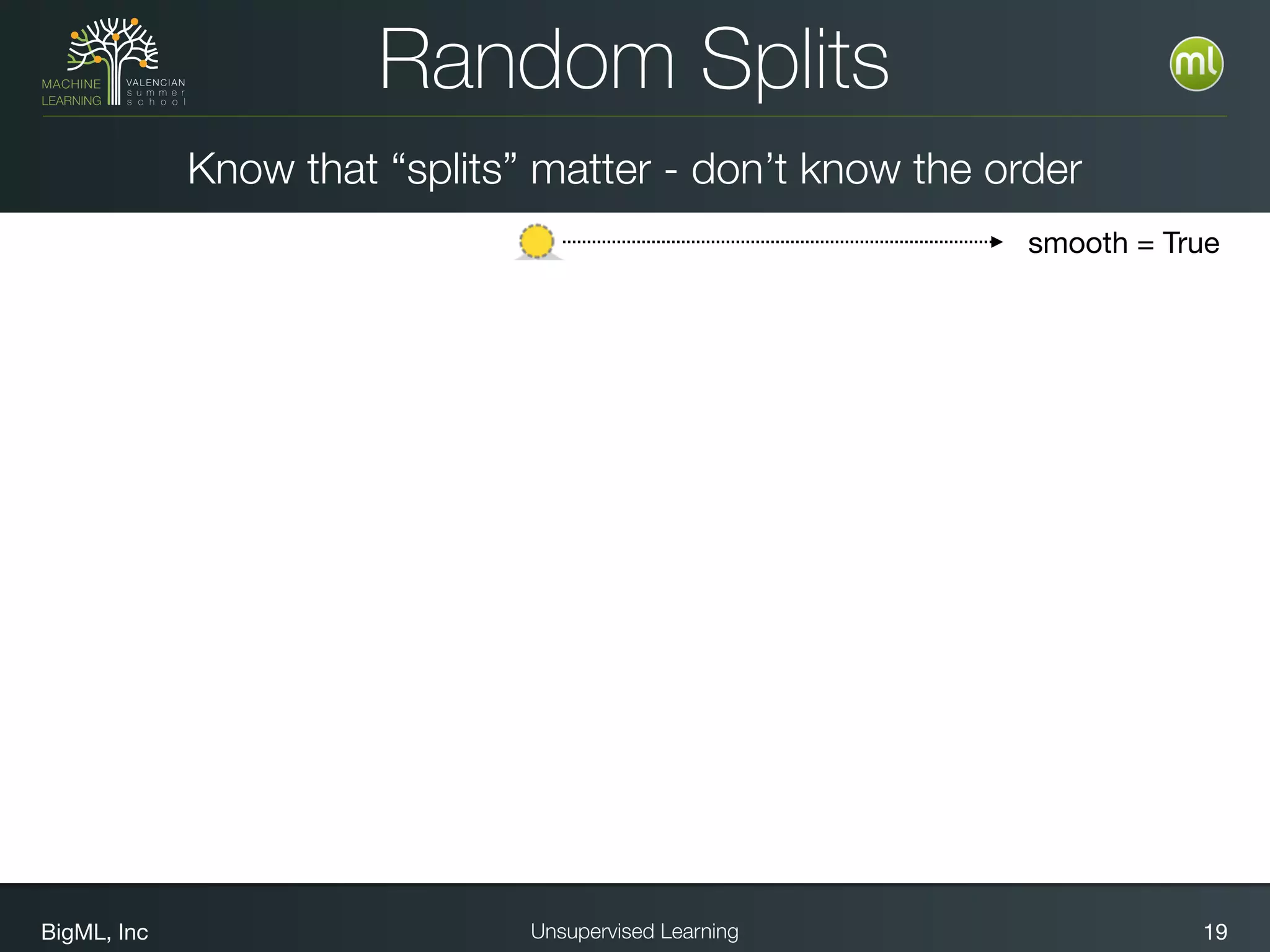 BigML, Inc 19Unsupervised Learning
smooth = True
length/width > 5
box
blockeraser
knob
penny

dime
bead
key
battery
screw
num surfaces = 6
length/width =1
length/width < 2
Random Splits
Know that “splits” matter - don’t know the order
 