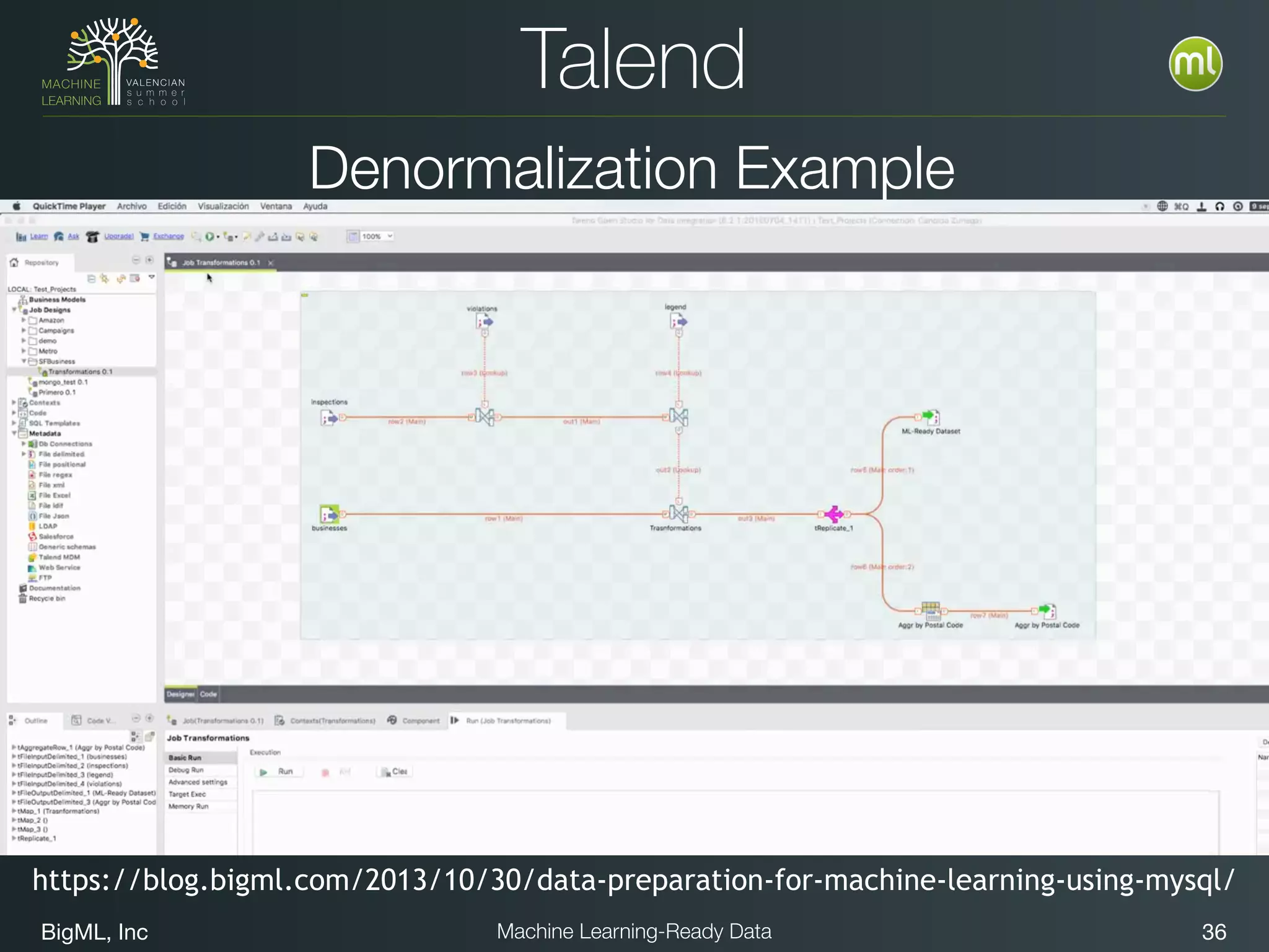 BigML, Inc 36Machine Learning-Ready Data
Talend
https://blog.bigml.com/2013/10/30/data-preparation-for-machine-learning-using-mysql/
Denormalization Example
 