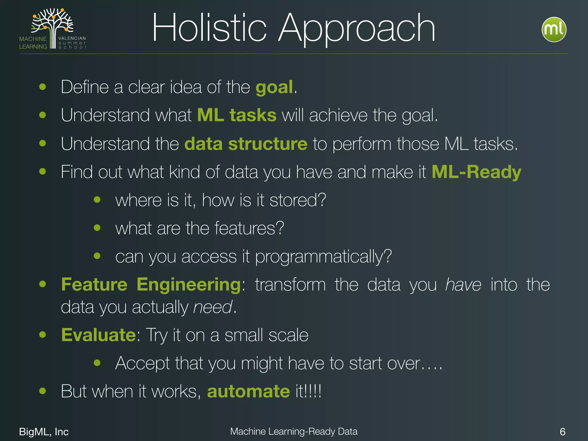 BigML, Inc 6Machine Learning-Ready Data
Holistic Approach
• Deﬁne a clear idea of the goal.
• Understand what ML tasks will achieve the goal.
• Understand the data structure to perform those ML tasks.
• Find out what kind of data you have and make it ML-Ready
• where is it, how is it stored?
• what are the features?
• can you access it programmatically?
• Feature Engineering: transform the data you have into the
data you actually need.
• Evaluate: Try it on a small scale
• Accept that you might have to start over….
• But when it works, automate it!!!!
 
