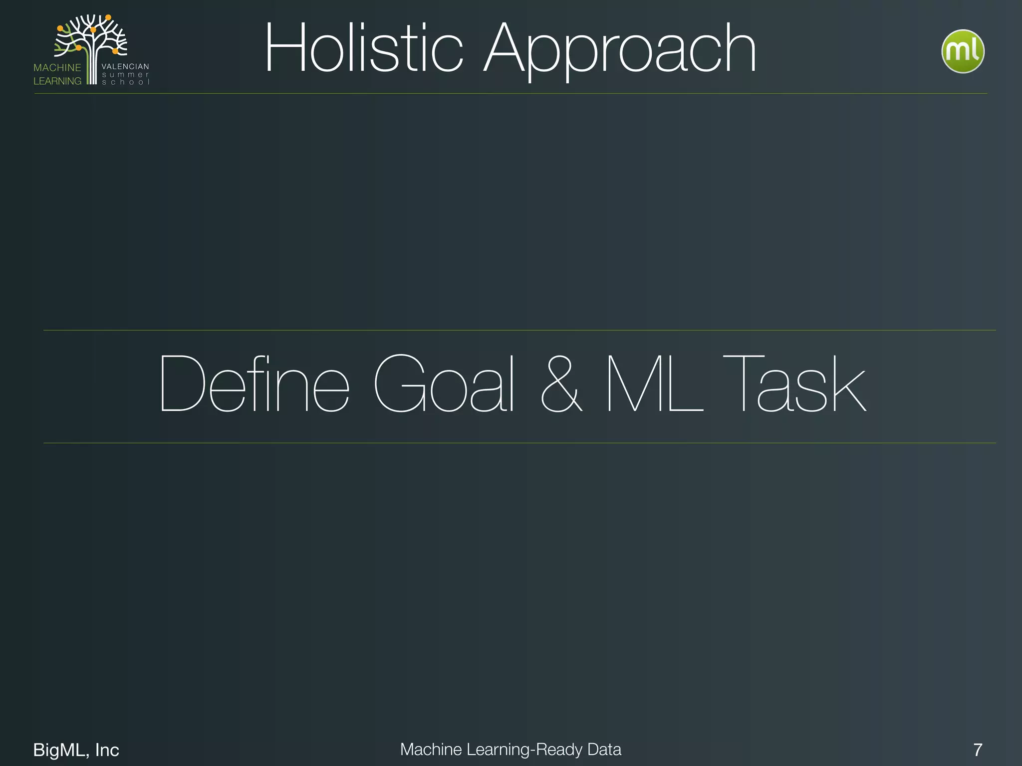 BigML, Inc 7Machine Learning-Ready Data
Holistic Approach
Deﬁne Goal & ML Task
 