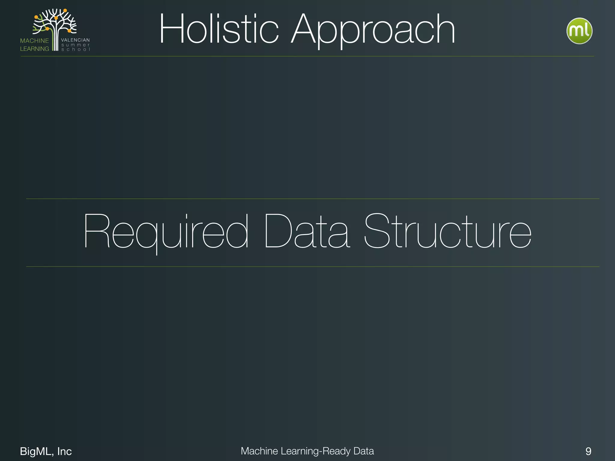 BigML, Inc 9Machine Learning-Ready Data
Holistic Approach
Required Data Structure
 