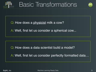 BigML, Inc 3Machine Learning-Ready Data
Basic Transformations
Q: How does a physicist milk a cow?
A: Well, ﬁrst let us consider a spherical cow...
Q: How does a data scientist build a model?
A: Well, ﬁrst let us consider perfectly formatted data…
 