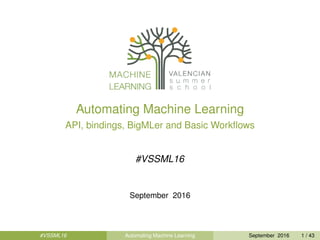 Automating Machine Learning
API, bindings, BigMLer and Basic Workﬂows
#VSSML16
September 2016
#VSSML16 Automating Machine Learning September 2016 1 / 43
 