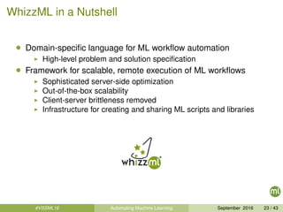 WhizzML in a Nutshell
• Domain-speciﬁc language for ML workﬂow automation
High-level problem and solution speciﬁcation
• Framework for scalable, remote execution of ML workﬂows
Sophisticated server-side optimization
Out-of-the-box scalability
Client-server brittleness removed
Infrastructure for creating and sharing ML scripts and libraries
#VSSML16 Automating Machine Learning September 2016 23 / 43
 