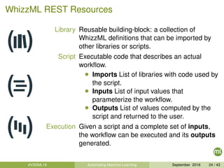 WhizzML REST Resources
Library Reusable building-block: a collection of
WhizzML deﬁnitions that can be imported by
other libraries or scripts.
Script Executable code that describes an actual
workﬂow.
• Imports List of libraries with code used by
the script.
• Inputs List of input values that
parameterize the workﬂow.
• Outputs List of values computed by the
script and returned to the user.
Execution Given a script and a complete set of inputs,
the workﬂow can be executed and its outputs
generated.
#VSSML16 Automating Machine Learning September 2016 24 / 43
 