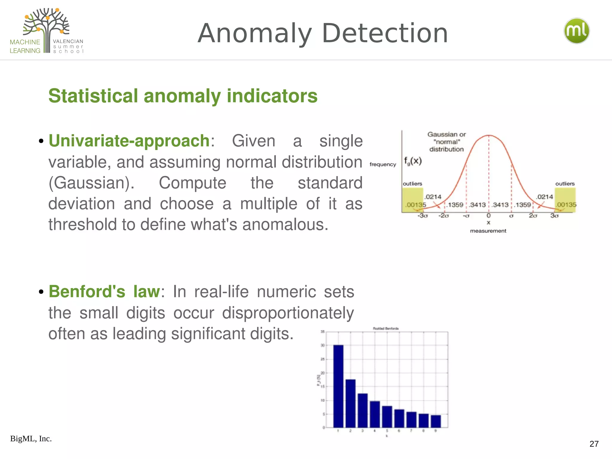 BigML, Inc.
27
Anomaly Detection
Statistical anomaly indicators
● Univariate­approach:  Given  a  single 
variable, and assuming normal distribution 
(Gaussian).  Compute  the  standard 
deviation  and  choose  a  multiple  of  it  as 
threshold to define what's anomalous.
● Benford's  law:  In  real­life  numeric  sets 
the  small  digits  occur  disproportionately 
often as leading significant digits.
 