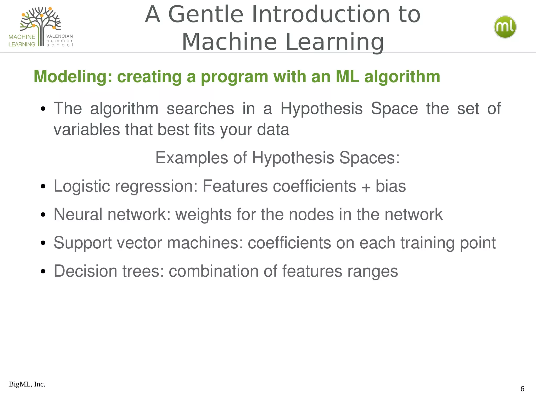 BigML, Inc.
6
A Gentle Introduction to
Machine Learning
Modeling: creating a program with an ML algorithm
● The  algorithm  searches  in  a  Hypothesis  Space  the  set  of 
variables that best fits your data
Examples of Hypothesis Spaces:
● Logistic regression: Features coefficients + bias
● Neural network: weights for the nodes in the network
● Support vector machines: coefficients on each training point
● Decision trees: combination of features ranges
 