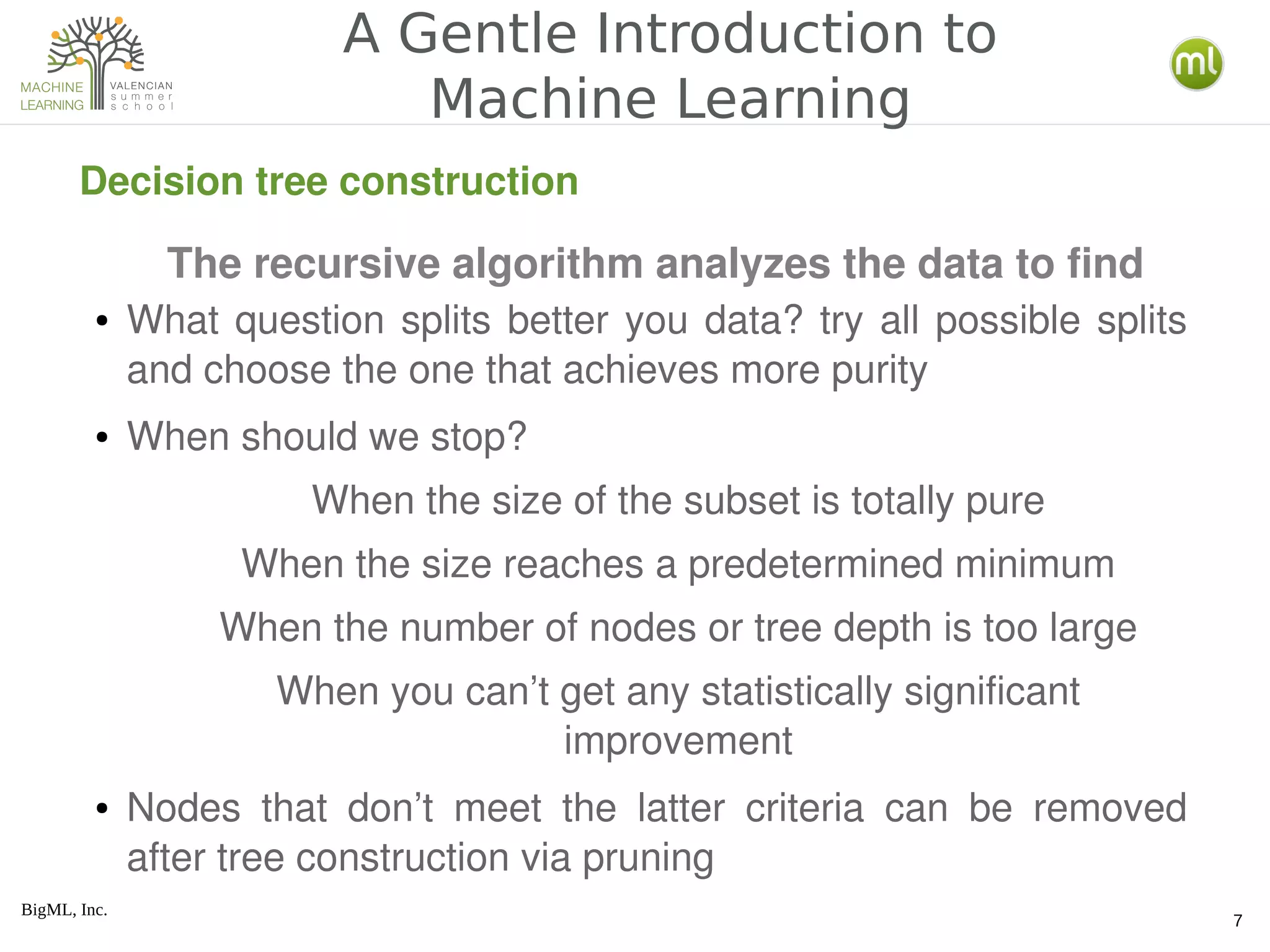 BigML, Inc.
7
A Gentle Introduction to
Machine Learning
Decision tree construction
● What question splits better you data? try all possible splits 
and choose the one that achieves more purity
● When should we stop?
When the size of the subset is totally pure
When the size reaches a predetermined minimum
When the number of nodes or tree depth is too large
When you can’t get any statistically significant 
improvement
● Nodes  that  don’t  meet  the  latter  criteria  can  be  removed 
after tree construction via pruning
The recursive algorithm analyzes the data to find
 