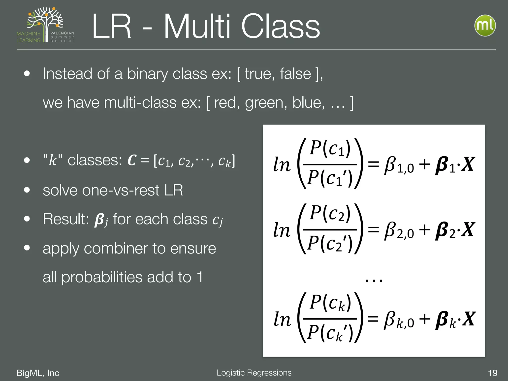 BigML, Inc 19Logistic Regressions
LR - Multi Class
• Instead of a binary class ex: [ true, false ],  
we have multi-class ex: [ red, green, blue, … ]
• "𝑘" classes: 𝑪＝[𝑐1,	
   𝑐2,⋯,	
   𝑐 𝑘]
• solve one-vs-rest LR
• Result: 𝞫𝑗 for each class 𝑐𝑗
• apply combiner to ensure 
all probabilities add to 1
𝑙𝑛( )𝑃(𝑐1)
𝑃(𝑐1ʹ′)
＝𝛽1,0＋𝞫1·∙𝑿
𝑙𝑛( )𝑃(𝑐2)
𝑃(𝑐2ʹ′)
＝𝛽2,0＋𝞫2·∙𝑿
⋯
𝑙𝑛( )𝑃(𝑐 𝑘)
𝑃(𝑐 𝑘ʹ′)
＝𝛽 𝑘,0＋𝞫 𝑘·∙𝑿
 