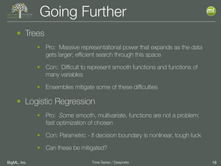 BigML, Inc 19Time Series / Deepnets
Going Further
• Trees
• Pro: Massive representational power that expands as the data
gets larger; eﬃcient search through this space
• Con: Diﬃcult to represent smooth functions and functions of
many variables
• Ensembles mitigate some of these diﬃculties
• Logistic Regression
• Pro: Some smooth, multivariate, functions are not a problem;
fast optimization of chosen
• Con: Parametric - If decision boundary is nonlinear, tough luck
• Can these be mitigated?
 
