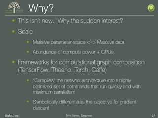 BigML, Inc 27Time Series / Deepnets
Why?
• This isn’t new. Why the sudden interest?
• Scale
• Massive parameter space <=> Massive data
• Abundance of compute power + GPUs
• Frameworks for computational graph composition
(TensorFlow, Theano, Torch, Caﬀe)
• “Compiles” the network architecture into a highly
optimized set of commands that run quickly and with
maximum parallelism
• Symbolically diﬀerentiates the objective for gradient
descent
 