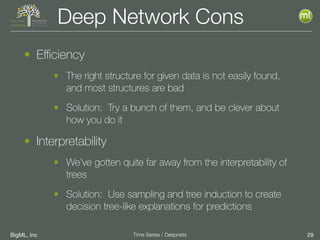 BigML, Inc 29Time Series / Deepnets
Deep Network Cons
• Eﬃciency
• The right structure for given data is not easily found,
and most structures are bad
• Solution: Try a bunch of them, and be clever about
how you do it
• Interpretability
• We’ve gotten quite far away from the interpretability of
trees
• Solution: Use sampling and tree induction to create
decision tree-like explanations for predictions
 