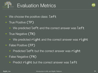 BigML, Inc 24Introduction to ML and BigML Platform
Evaluation Metrics
• We choose the positive class: left
• True Positive (TP)
• We predicted left and the correct answer was left
• True Negative (TN)
• We predicted right and the correct answer was right
• False Positive (FP)
• Predicted left but the correct answer was right
• False Negative (FN)
• Predict right but the correct answer was left
 