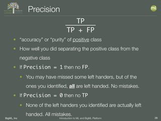 BigML, Inc 28Introduction to ML and BigML Platform
Precision
TP
TP + FP
• “accuracy” or “purity” of positive class
• How well you did separating the positive class from the
negative class
• If Precision = 1 then no FP.
• You may have missed some left handers, but of the
ones you identiﬁed, all are left handed. No mistakes.
• If Precision = 0 then no TP
• None of the left handers you identiﬁed are actually left
handed. All mistakes.
 