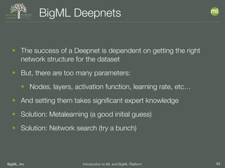 BigML, Inc 53Introduction to ML and BigML Platform
BigML Deepnets
• The success of a Deepnet is dependent on getting the right
network structure for the dataset
• But, there are too many parameters:
• Nodes, layers, activation function, learning rate, etc…
• And setting them takes signiﬁcant expert knowledge
• Solution: Metalearning (a good initial guess)
• Solution: Network search (try a bunch)
 