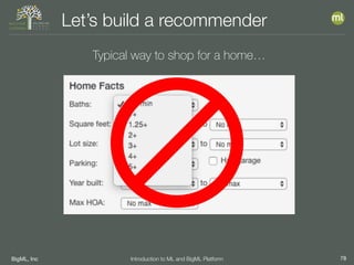 BigML, Inc 78Introduction to ML and BigML Platform
Let’s build a recommender
Typical way to shop for a home…
 