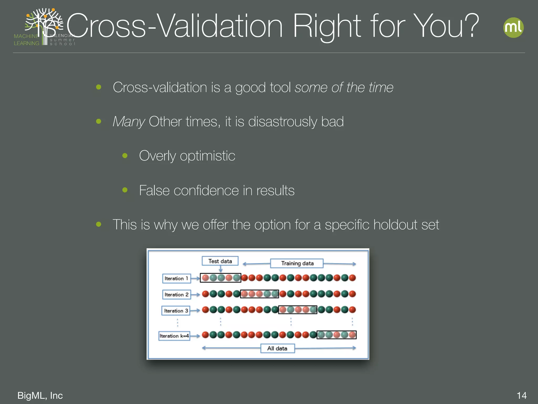 BigML, Inc 14
Is Cross-Validation Right for You?
• Cross-validation is a good tool some of the time
• Many Other times, it is disastrously bad
• Overly optimistic
• False conﬁdence in results
• This is why we oﬀer the option for a speciﬁc holdout set
 