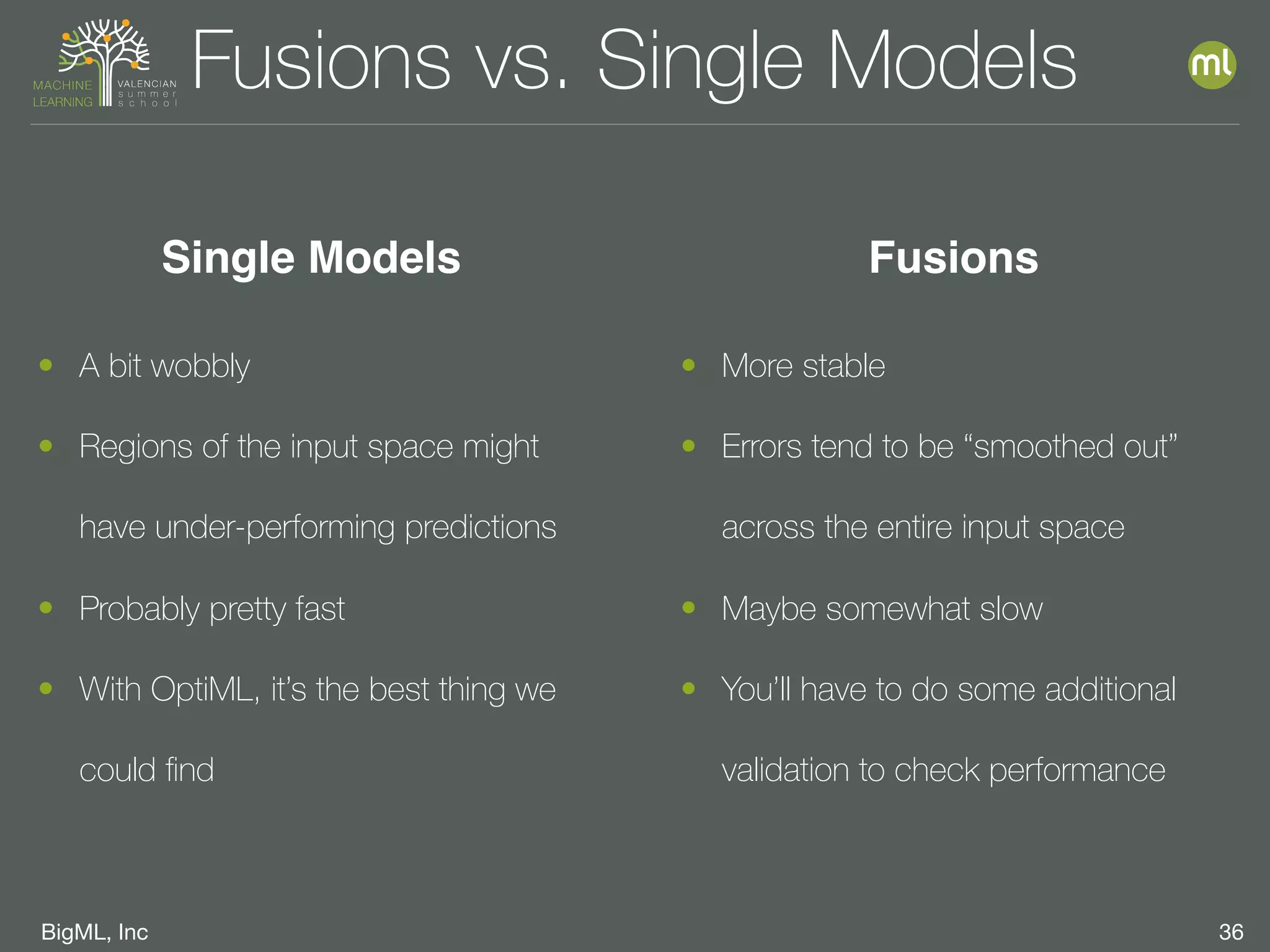 BigML, Inc 36
• A bit wobbly
• Regions of the input space might
have under-performing predictions
• Probably pretty fast
• With OptiML, it’s the best thing we
could ﬁnd
Fusions vs. Single Models
• More stable
• Errors tend to be “smoothed out”
across the entire input space
• Maybe somewhat slow
• You’ll have to do some additional
validation to check performance
FusionsSingle Models
 