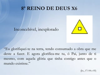 8º REINO DE DEUS X6
Inconcebível, inexplorado
“Eu glorifiquei-te na terra, tendo consumado a obra que me
deste a fazer. E agora glorifica-me tu, ó Pai, junto de ti
mesmo, com aquela glória que tinha contigo antes que o
mundo existisse.”
(Jo., 17: 04 e 05)
 