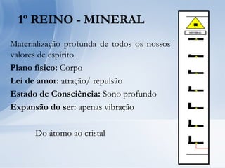 1º REINO - MINERAL
Materialização profunda de todos os nossos
valores de espírito.
Plano físico: Corpo
Lei de amor: atração/ repulsão
Estado de Consciência: Sono profundo
Expansão do ser: apenas vibração
Do átomo ao cristal
 