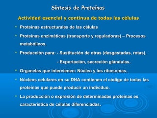 Síntesis de ProteínasSíntesis de Proteínas
Actividad esencial y continua de todas las célulasActividad esencial y continua de todas las células

Proteínas estructurales de las célulasProteínas estructurales de las células

Proteínas enzimáticas (transporte y reguladoras) – ProcesosProteínas enzimáticas (transporte y reguladoras) – Procesos
metabólicos.metabólicos.

Producción para: - Sustitución de otras (desgastadas, rotas).Producción para: - Sustitución de otras (desgastadas, rotas).
- Exportación, secreción glándulas.- Exportación, secreción glándulas.

Organelas que intervienen: Núcleo y los ribosomas.Organelas que intervienen: Núcleo y los ribosomas.

Núcleos celulares en su DNA contienen el código de todas lasNúcleos celulares en su DNA contienen el código de todas las
proteínas que puede producir un individuo.proteínas que puede producir un individuo.

La producción o expresión de determinadas proteínas esLa producción o expresión de determinadas proteínas es
característica de células diferenciadas.característica de células diferenciadas.
 