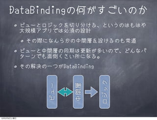 DataBindingの何がすごいのか
             ビューとロジックを切り分ける、というのはもはや
             大規模アプリでは必須の設計
              その際になんらかの中間層を設けるのも常道
             ビューと中間層の同期は更新が多いので、どんなパ
             ターンでも面倒くさい所になる。
             その解決の一つがDataBinding




                                   ロジック
                    ビュー



                           中間層




13年3月9日土曜日
 