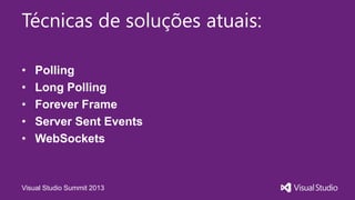 Visual Studio Summit 2013
Técnicas de soluções atuais:
• Polling
• Long Polling
• Forever Frame
• Server Sent Events
• WebSockets
 