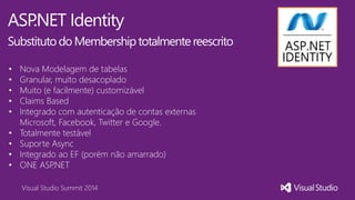 Visual Studio Summit 2014
ASP.NET Identity
Substitutodo Membershiptotalmentereescrito
• Nova Modelagem de tabelas
• Granular, muito desacoplado
• Muito (e facilmente) customizável
• Claims Based
• Integrado com autenticação de contas externas
Microsoft, Facebook, Twitter e Google.
• Totalmente testável
• Suporte Async
• Integrado ao EF (porém não amarrado)
• ONE ASP.NET
 