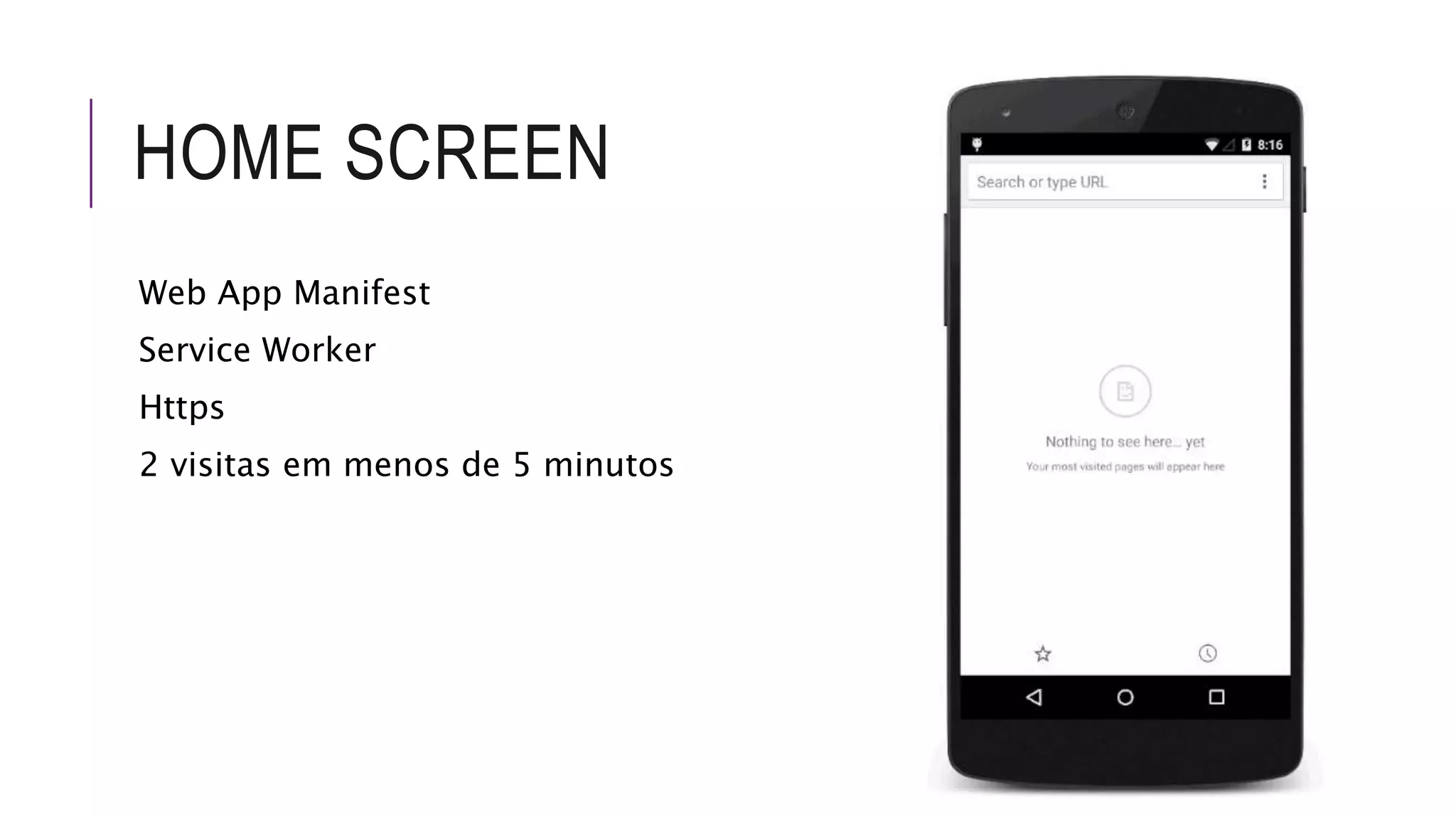HOME SCREEN
Web App Manifest
Service Worker
Https
2 visitas em menos de 5 minutos
 