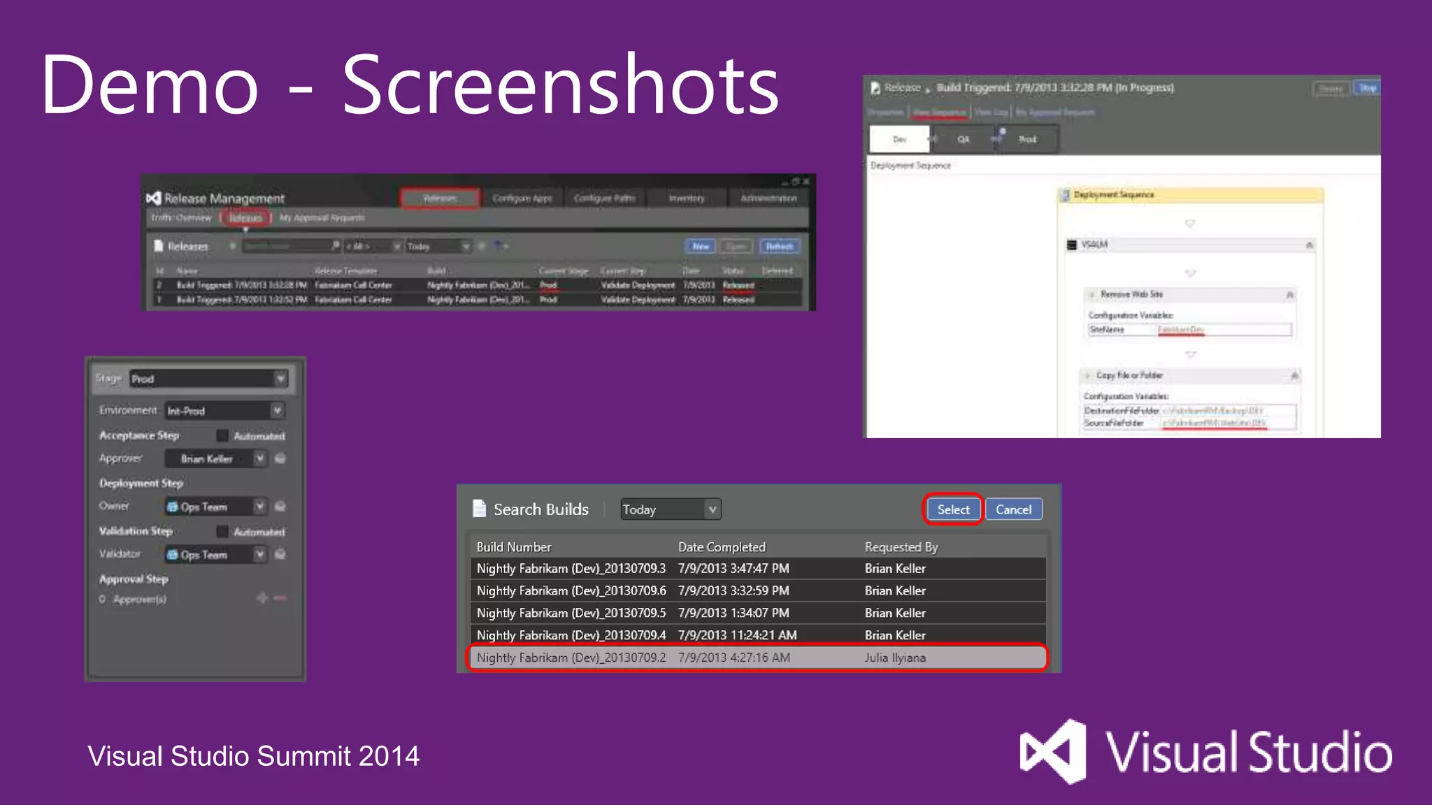 Visual Studio Summit 2014
Demo - Screenshots
 