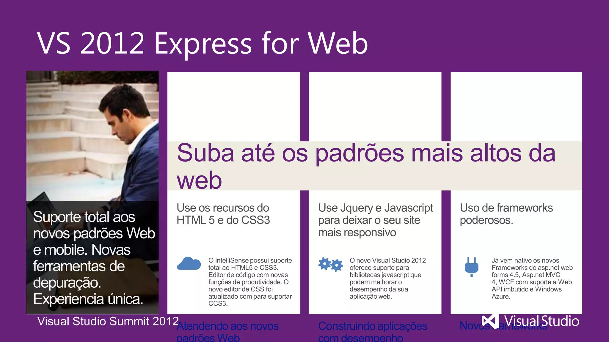 VS 2012 Express for Web


                        Suba até os padrões mais altos da
                        web




Visual Studio Summit 2012
 