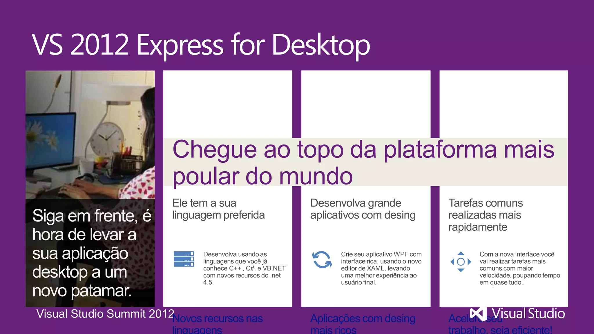 VS 2012 Express for Desktop


                        Chegue ao topo da plataforma mais
                        poular do mundo




Visual Studio Summit 2012
 