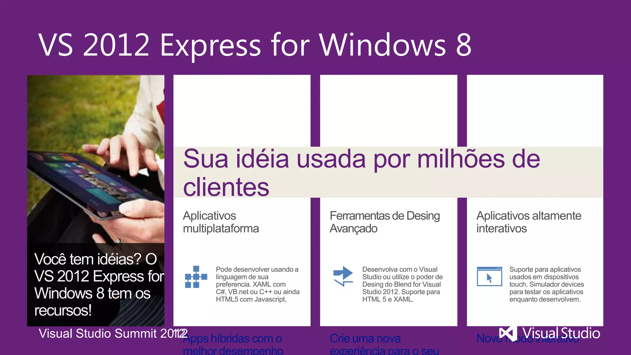 VS 2012 Express for Windows 8


                        Sua idéia usada por milhões de
                        clientes




              Summit 2012
Visual Studio Summit 2012
 