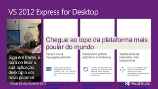 VS 2012 Express for Desktop


                        Chegue ao topo da plataforma mais
                        poular do mundo




Visual Studio Summit 2012
 