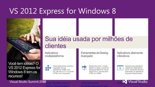 VS 2012 Express for Windows 8


                        Sua idéia usada por milhões de
                        clientes




              Summit 2012
Visual Studio Summit 2012
 