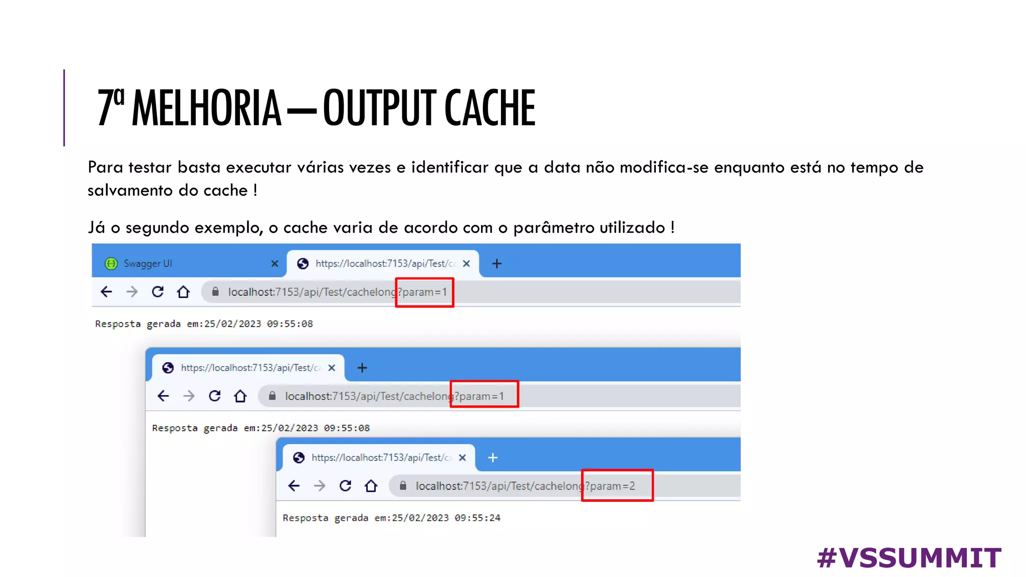 7ªMELHORIA–OUTPUTCACHE
#VSSUMMIT
Para testar basta executar várias vezes e identificar que a data não modifica-se enquanto está no tempo de
salvamento do cache !
Já o segundo exemplo, o cache varia de acordo com o parâmetro utilizado !
 