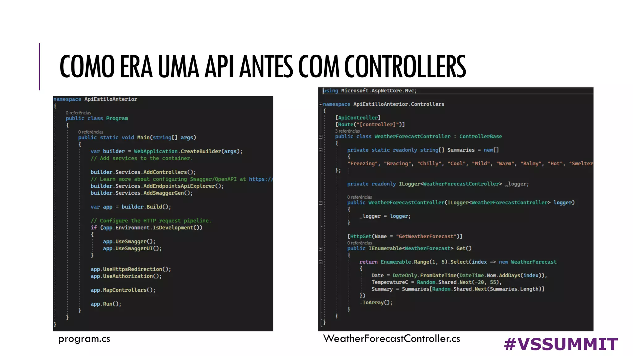 COMOERAUMAAPIANTESCOMCONTROLLERS
#VSSUMMIT
program.cs WeatherForecastController.cs
 
