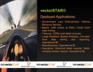 vectorSTAR ®  Deployed Applications: Government: Law Enforcement, Internal Revenue Service. Banks: VaR (Value at Risk), Credit Card data mining. Telecom: CDRs (call detail records) Large Retailers: Basket Analysis, Line-item level data mining and reporting, Operational BI. Manufacturers: Operational BI. Insurance: Historical detail records, Multi-variable sinister reports, Operational BI. 