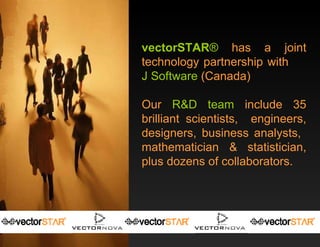 vectorSTAR ®  has a joint technology partnership with  J Software  (Canada)  Our  R&D team  include 35 brilliant scientists,  engineers, designers, business analysts,  mathematician & statistician, plus dozens of collaborators.  