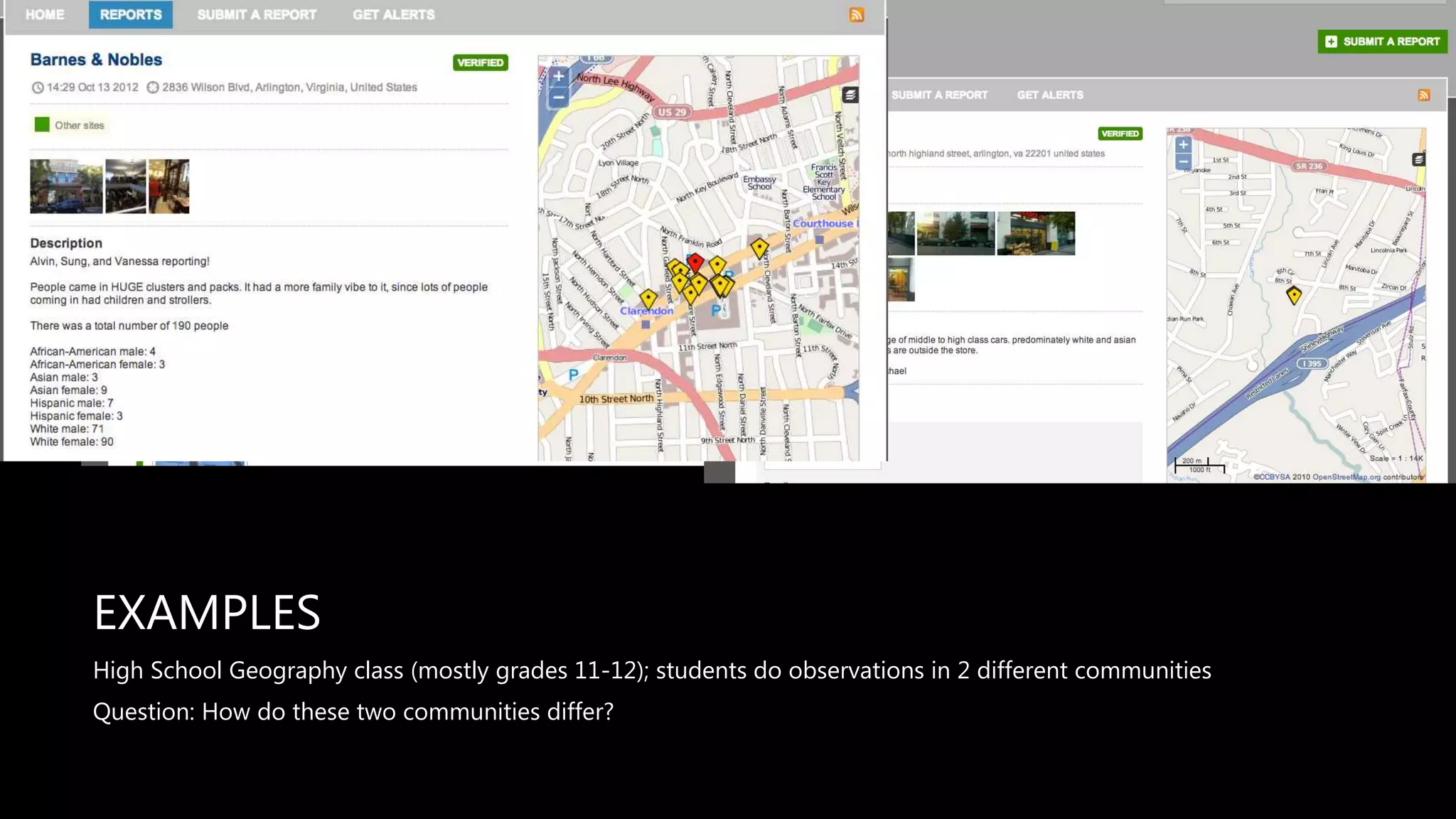 EXAMPLES
High School Geography class (mostly grades 11-12); students do observations in 2 different communities
Question: How do these two communities differ?
 