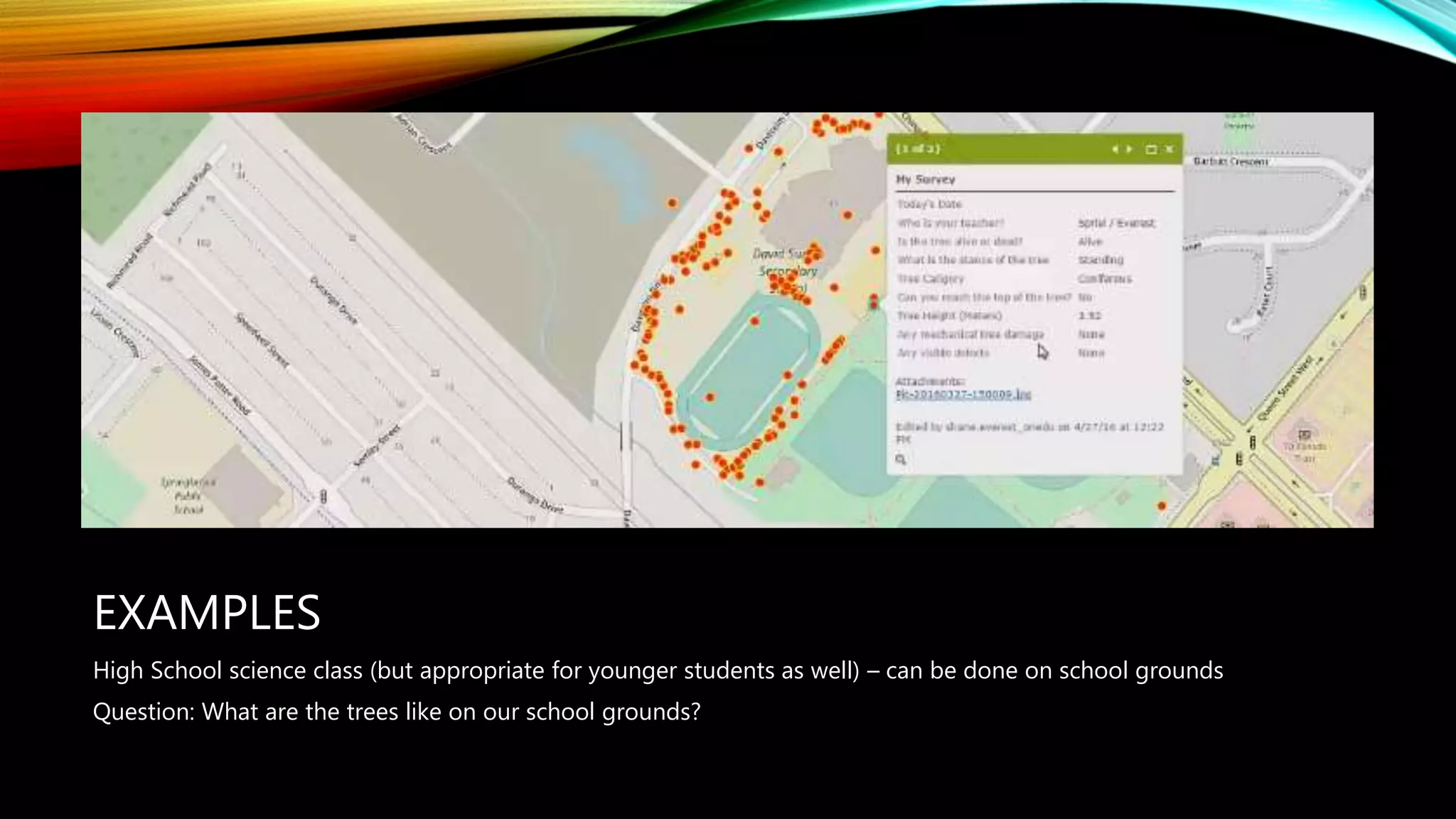 EXAMPLES
High School science class (but appropriate for younger students as well) – can be done on school grounds
Question: What are the trees like on our school grounds?
 
