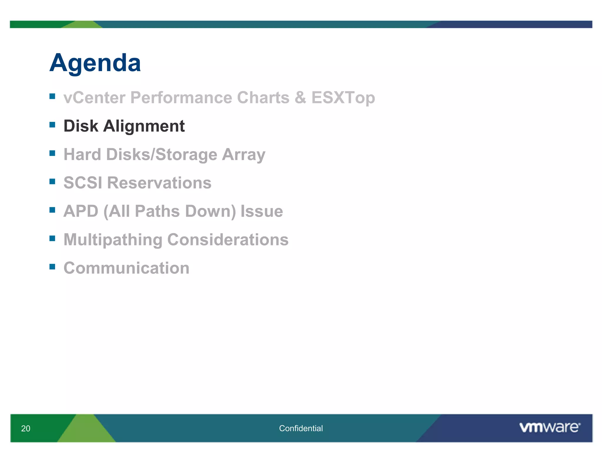 AgendavCenter Performance Charts & ESXTopDisk AlignmentHard Disks/Storage ArraySCSI ReservationsAPD (All Paths Down) IssueMultipathingConsiderationsCommunication