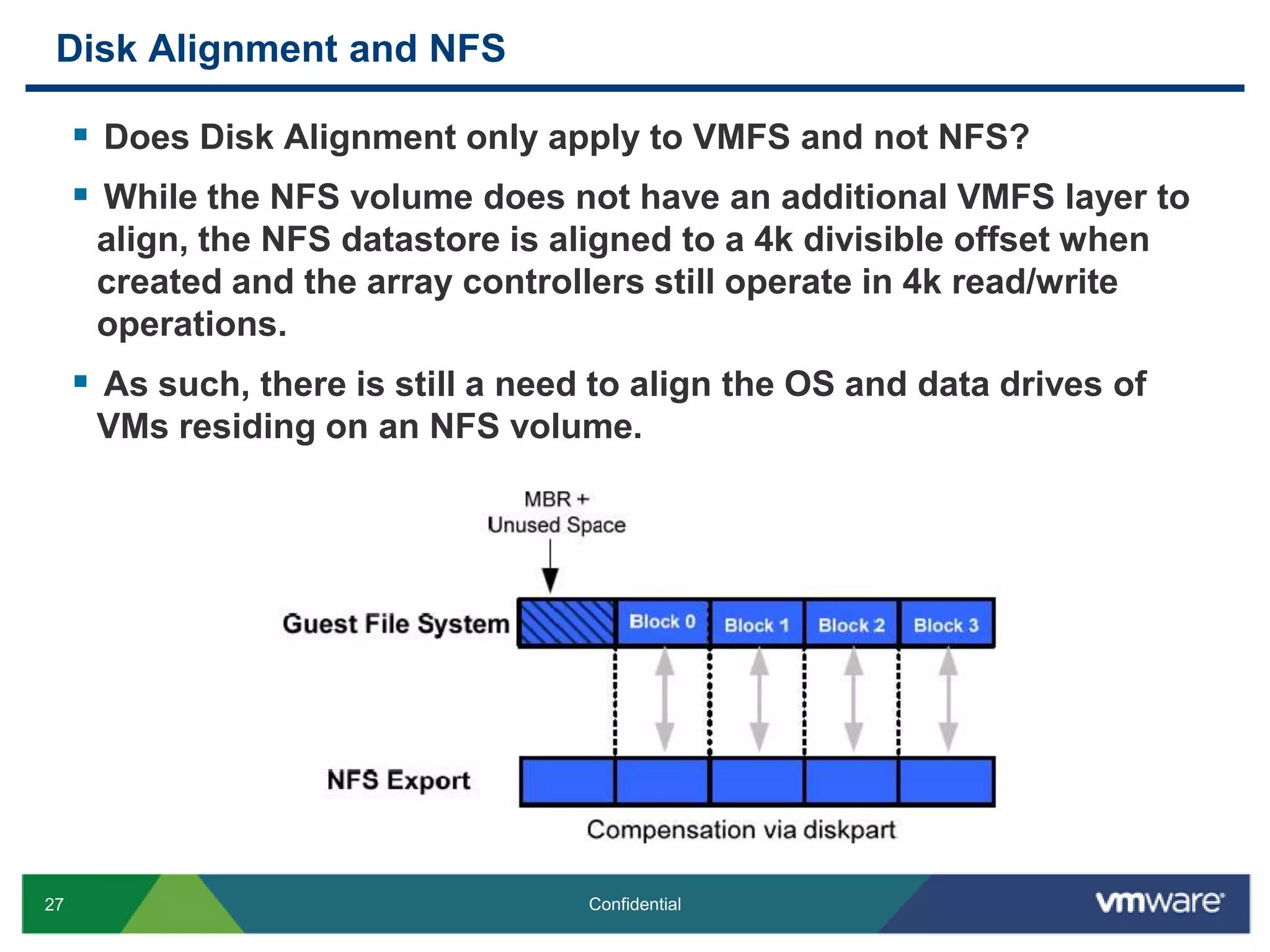Disk Alignment and NFSDoes Disk Alignment only apply to VMFS and not NFS? While the NFS volume does not have an additional VMFS layer to align, the NFS datastore is aligned to a 4k divisible offset when created and the array controllers still operate in 4k read/write operations.As such, there is still a need to align the OS and data drives of VMs residing on an NFS volume.