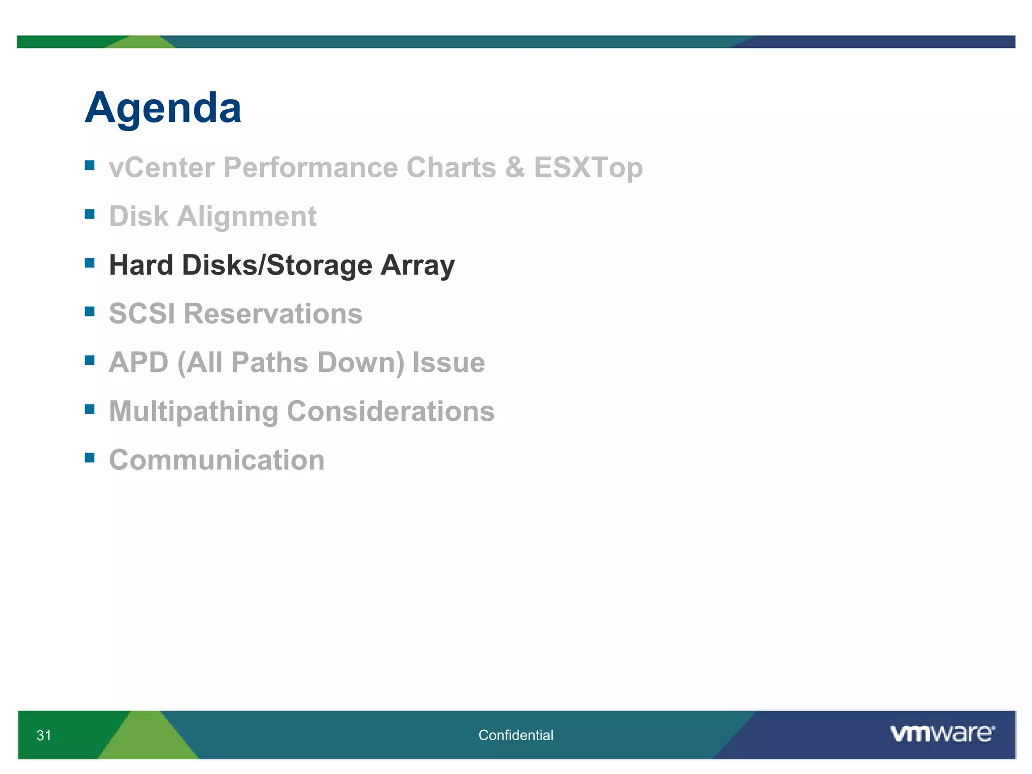 AgendavCenter Performance Charts & ESXTopDisk AlignmentHard Disks/Storage ArraySCSI ReservationsAPD (All Paths Down) IssueMultipathingConsiderationsCommunication