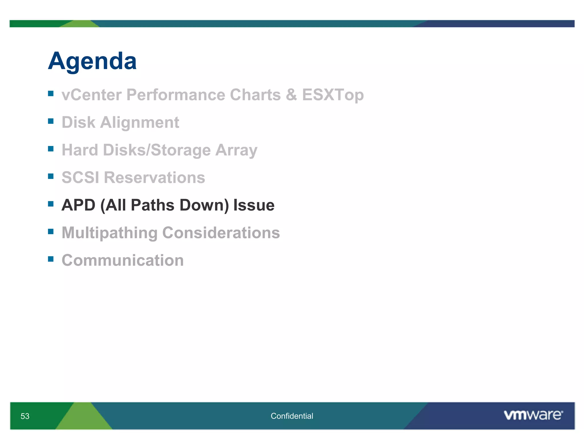 AgendavCenter Performance Charts & ESXTopDisk AlignmentHard Disks/Storage ArraySCSI ReservationsAPD (All Paths Down) IssueMultipathingConsiderationsCommunication