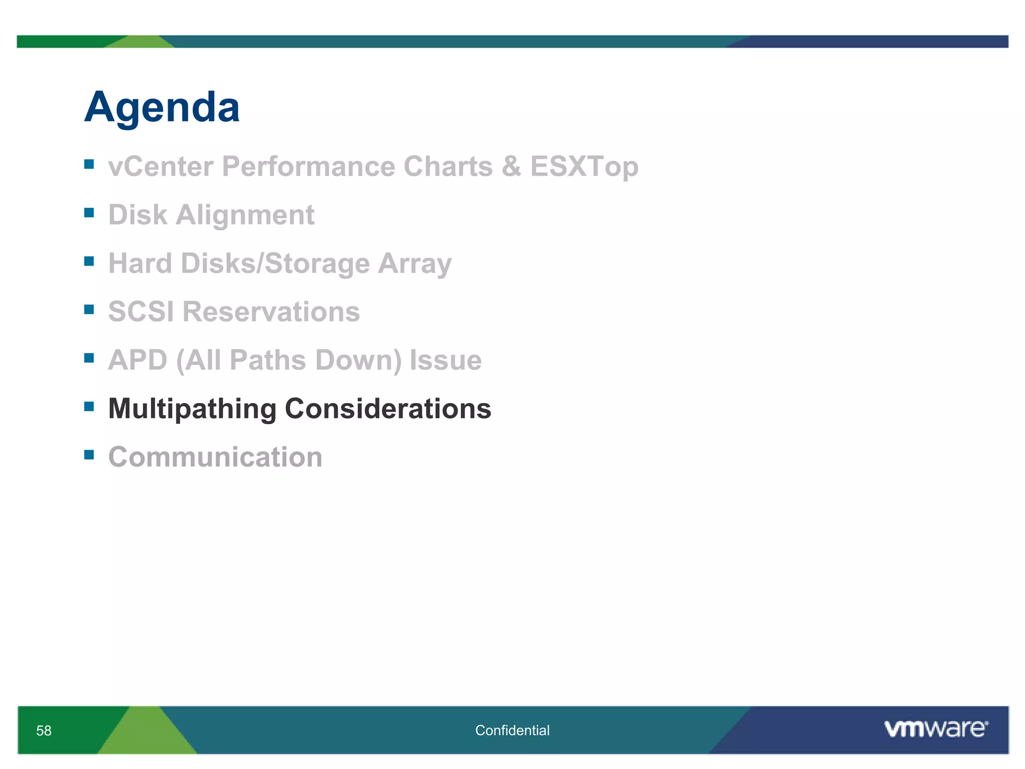 AgendavCenter Performance Charts & ESXTopDisk AlignmentHard Disks/Storage ArraySCSI ReservationsAPD (All Paths Down) IssueMultipathingConsiderationsCommunication